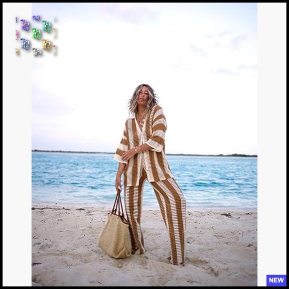 Crochet Button Up Set Wide Leg Pants Boho Chic Vacation Lounge Wear - Picture 2 of 7